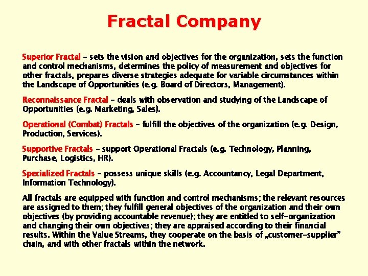 Fractal Company Superior Fractal – sets the vision and objectives for the organization, sets
