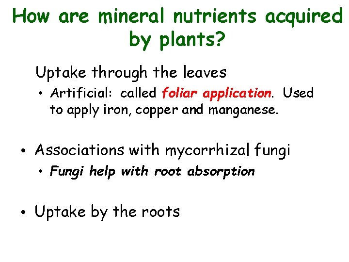 How are mineral nutrients acquired by plants? Uptake through the leaves • Artificial: called