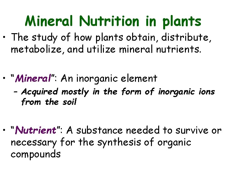 Mineral Nutrition in plants • The study of how plants obtain, distribute, metabolize, and