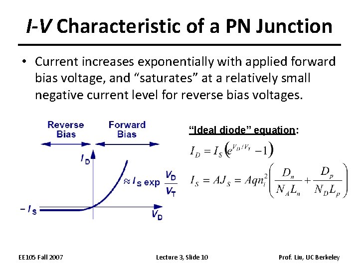 I-V Characteristic of a PN Junction • Current increases exponentially with applied forward bias