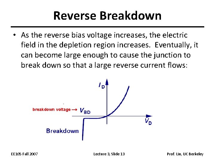 Reverse Breakdown • As the reverse bias voltage increases, the electric field in the