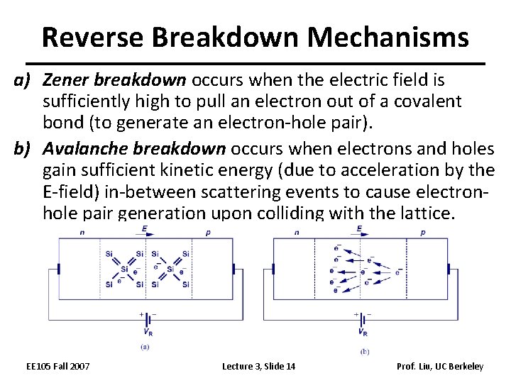 Reverse Breakdown Mechanisms a) Zener breakdown occurs when the electric field is sufficiently high