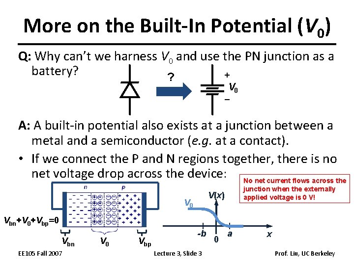 More on the Built-In Potential (V 0) Q: Why can’t we harness V 0