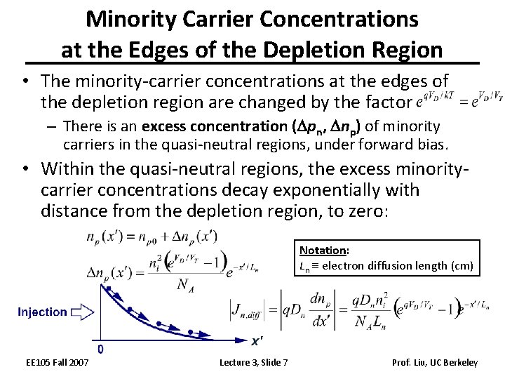 Minority Carrier Concentrations at the Edges of the Depletion Region • The minority-carrier concentrations