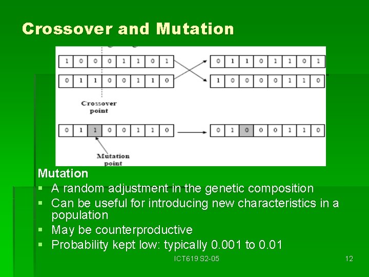 Crossover and Mutation § A random adjustment in the genetic composition § Can be