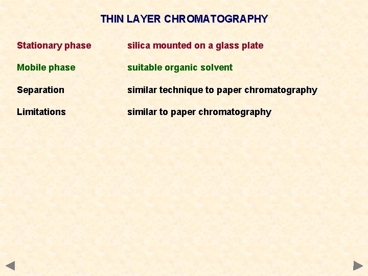 THIN LAYER CHROMATOGRAPHY Stationary phase silica mounted on a glass plate Mobile phase suitable