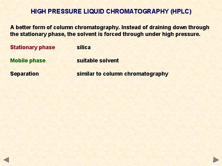 HIGH PRESSURE LIQUID CHROMATOGRAPHY (HPLC) A better form of column chromatography. Instead of draining