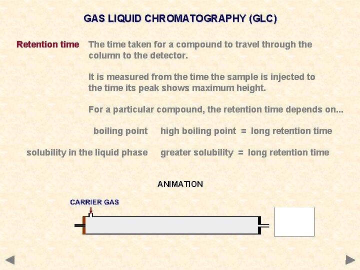 GAS LIQUID CHROMATOGRAPHY (GLC) Retention time The time taken for a compound to travel