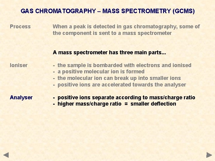 GAS CHROMATOGRAPHY – MASS SPECTROMETRY (GCMS) Process When a peak is detected in gas