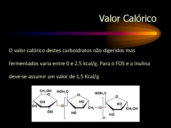 Valor Calórico O valor calórico destes carboidratos não digeridos mas fermentados varia entre 0