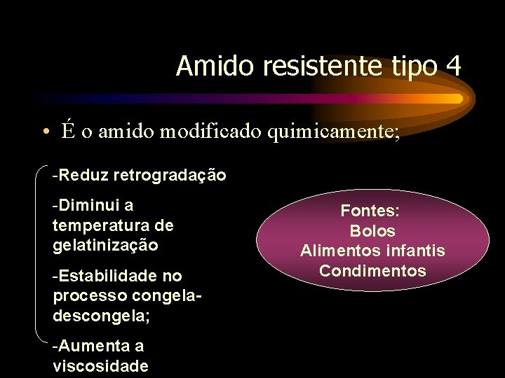 Amido resistente tipo 4 • É o amido modificado quimicamente; -Reduz retrogradação -Diminui a