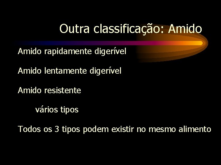 Outra classificação: Amido rapidamente digerível Amido lentamente digerível Amido resistente vários tipos Todos os