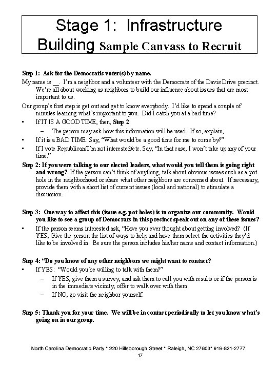 Stage 1: Infrastructure Building Sample Canvass to Recruit Step I: Ask for the Democratic