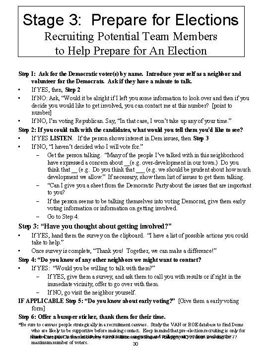 Stage 3: Prepare for Elections Recruiting Potential Team Members to Help Prepare for An