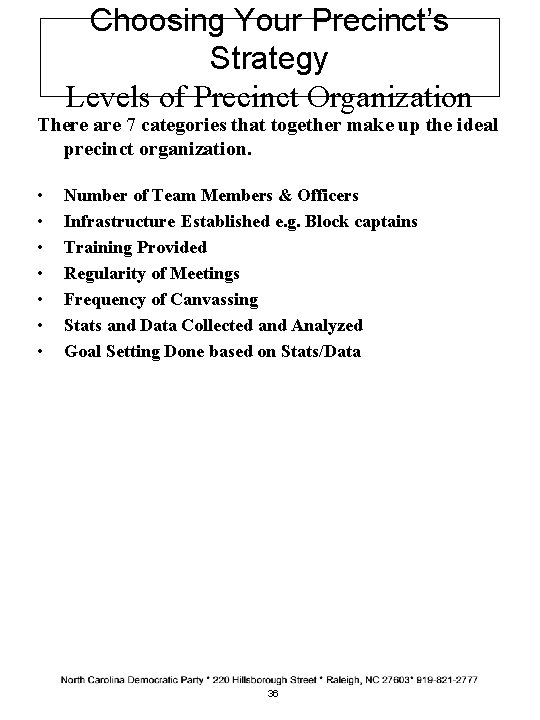 Choosing Your Precinct’s Strategy Levels of Precinct Organization There are 7 categories that together