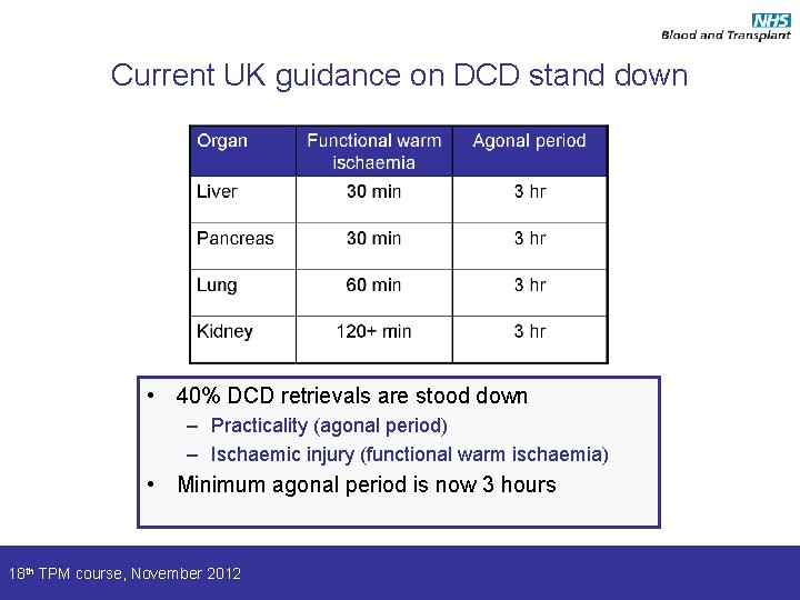 Current UK guidance on DCD stand down • 40% DCD retrievals are stood down