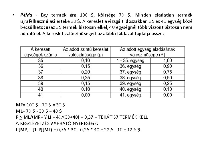  • Példa - Egy termék ára 100 $, költsége 70 $. Minden eladatlan