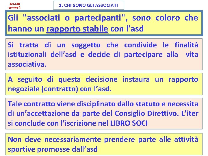 Art. 148 comma 1 1. CHI SONO GLI ASSOCIATI Gli "associati o partecipanti", partecipanti