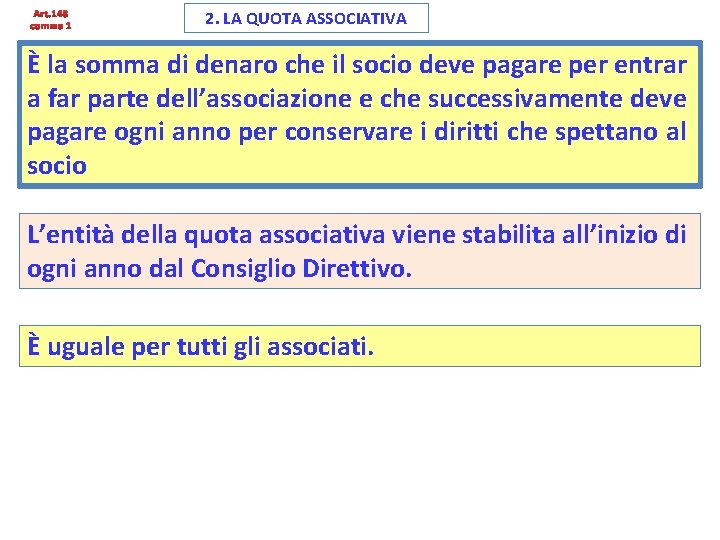 Art. 148 comma 1 2. LA QUOTA ASSOCIATIVA È la somma di denaro che Art. 148 comma 1 2. LA QUOTA ASSOCIATIVA È la somma di denaro che