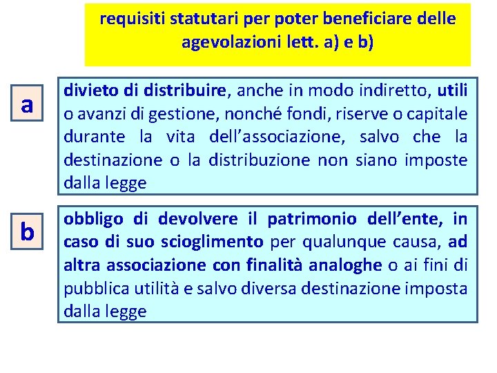 requisiti statutari per poter beneficiare delle agevolazioni lett. a) e b) a divieto di