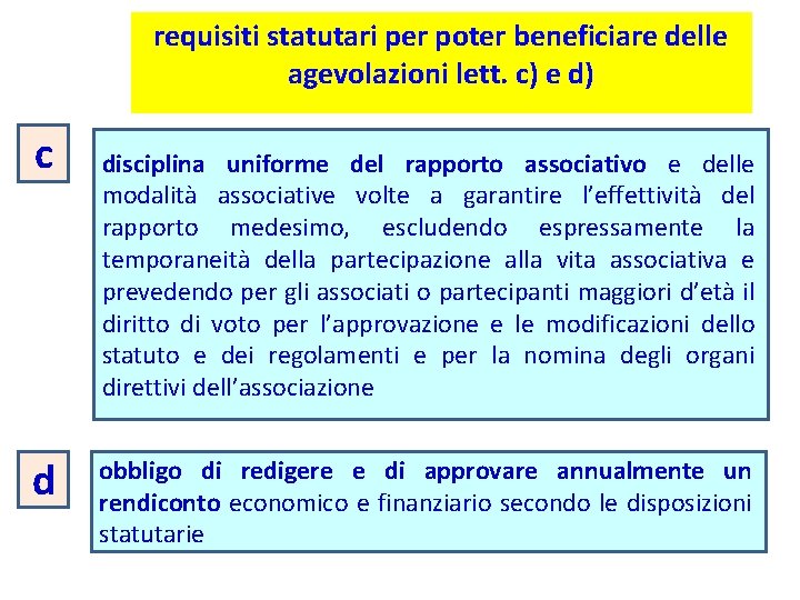 requisiti statutari per poter beneficiare delle agevolazioni lett. c) e d) c d disciplina requisiti statutari per poter beneficiare delle agevolazioni lett. c) e d) c d disciplina