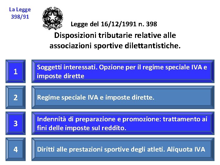 La Legge 398/91 Legge del 16/12/1991 n. 398 Disposizioni tributarie relative alle associazioni sportive