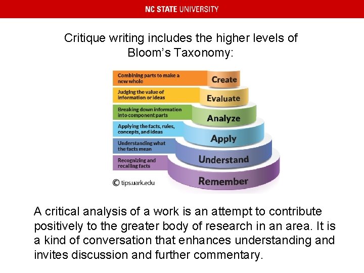 Critique writing includes the higher levels of Bloom’s Taxonomy: A critical analysis of a