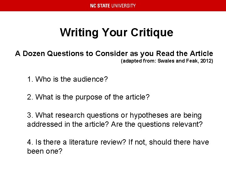 Writing Your Critique A Dozen Questions to Consider as you Read the Article (adapted