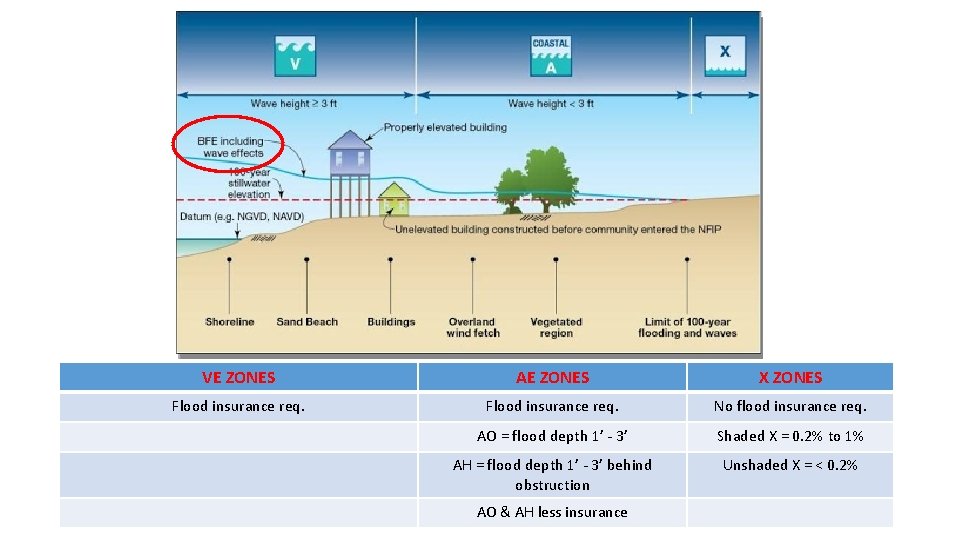 VE ZONES AE ZONES X ZONES Flood insurance req. No flood insurance req. AO