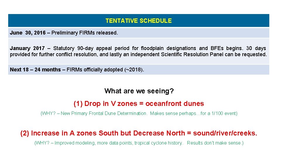 TENTATIVE SCHEDULE June 30, 2016 – Preliminary FIRMs released. January 2017 – Statutory 90