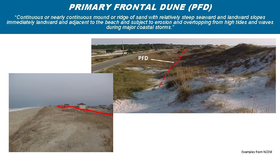 PRIMARY FRONTAL DUNE (PFD) “Continuous or nearly continuous mound or ridge of sand with