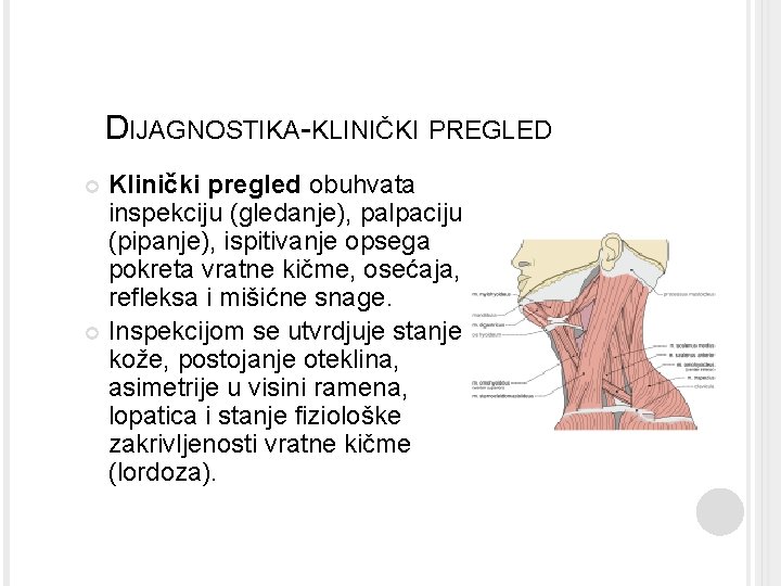 DIJAGNOSTIKA-KLINIČKI PREGLED Klinički pregled obuhvata inspekciju (gledanje), palpaciju (pipanje), ispitivanje opsega pokreta vratne kičme,