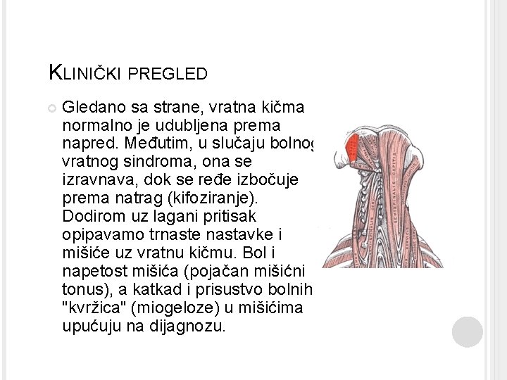 KLINIČKI PREGLED Gledano sa strane, vratna kičma normalno je udubljena prema napred. Međutim, u