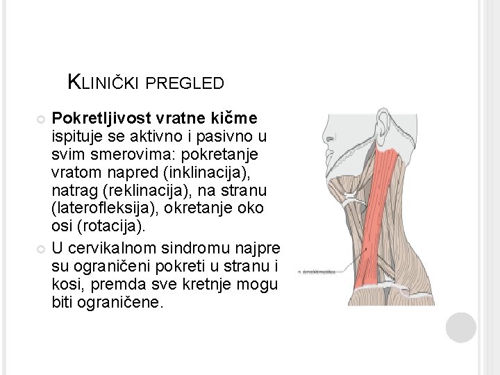 KLINIČKI PREGLED Pokretljivost vratne kičme ispituje se aktivno i pasivno u svim smerovima: pokretanje