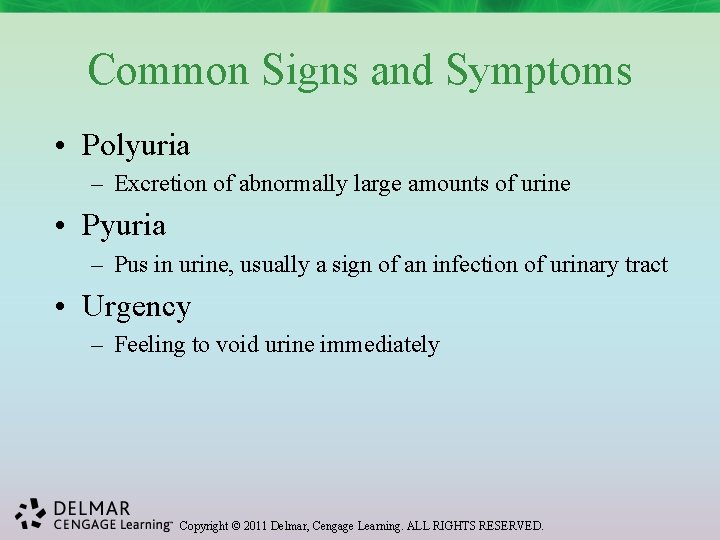 Common Signs and Symptoms • Polyuria – Excretion of abnormally large amounts of urine