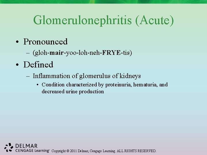 Glomerulonephritis (Acute) • Pronounced – (gloh-mair-yoo-loh-neh-FRYE-tis) • Defined – Inflammation of glomerulus of kidneys