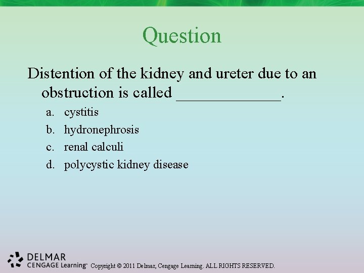 Question Distention of the kidney and ureter due to an obstruction is called _______.