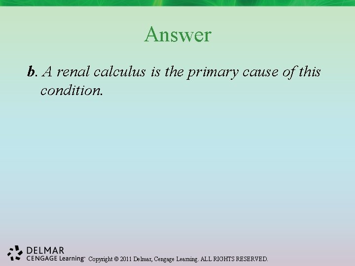 Answer b. A renal calculus is the primary cause of this condition. Copyright ©