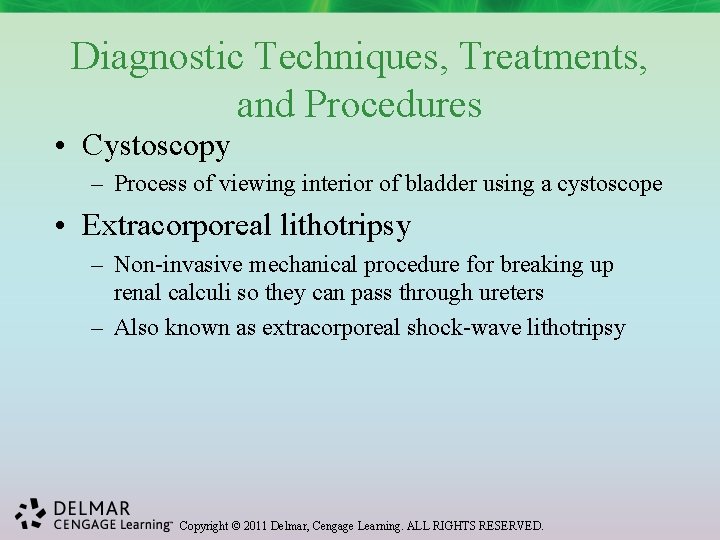 Diagnostic Techniques, Treatments, and Procedures • Cystoscopy – Process of viewing interior of bladder