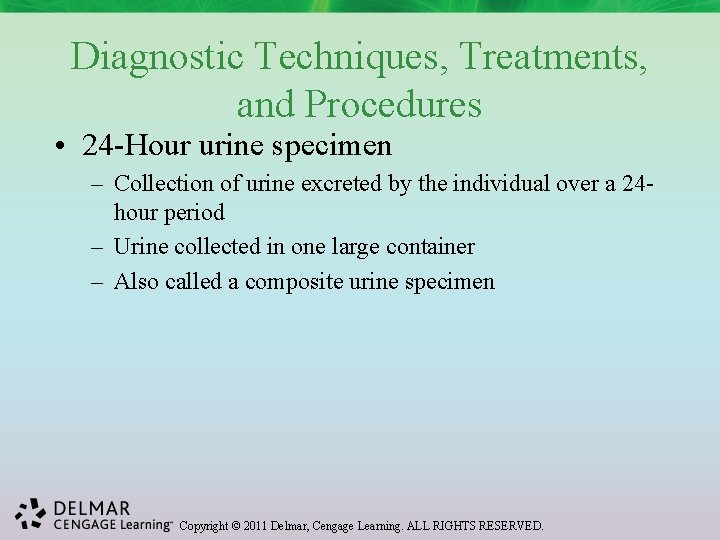 Diagnostic Techniques, Treatments, and Procedures • 24 -Hour urine specimen – Collection of urine