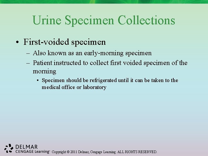 Urine Specimen Collections • First-voided specimen – Also known as an early-morning specimen –