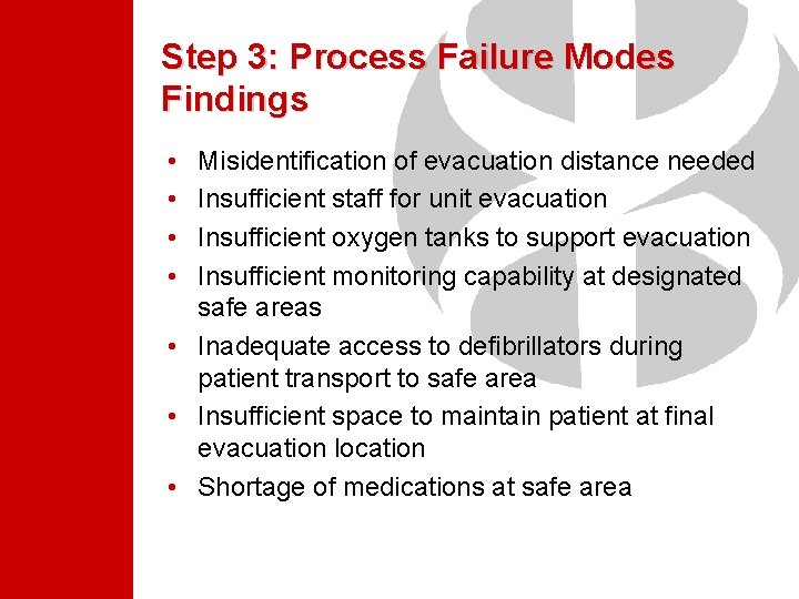 Step 3: Process Failure Modes Findings • • Misidentification of evacuation distance needed Insufficient Step 3: Process Failure Modes Findings • • Misidentification of evacuation distance needed Insufficient