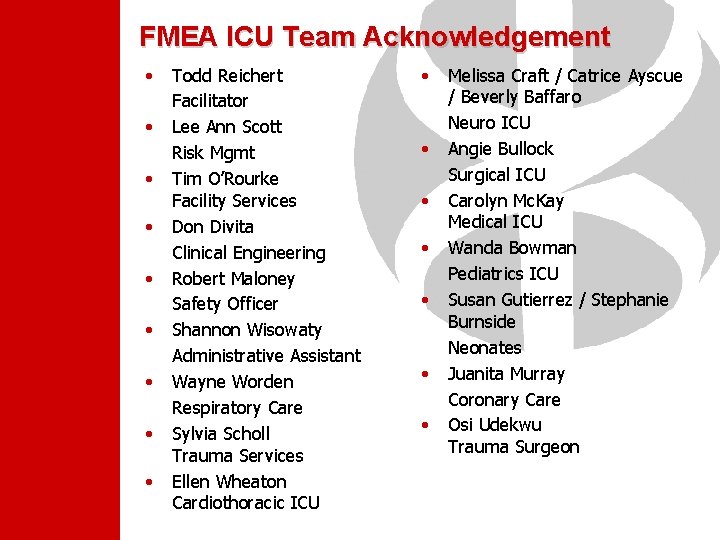 FMEA ICU Team Acknowledgement • • • Todd Reichert Facilitator Lee Ann Scott Risk FMEA ICU Team Acknowledgement • • • Todd Reichert Facilitator Lee Ann Scott Risk