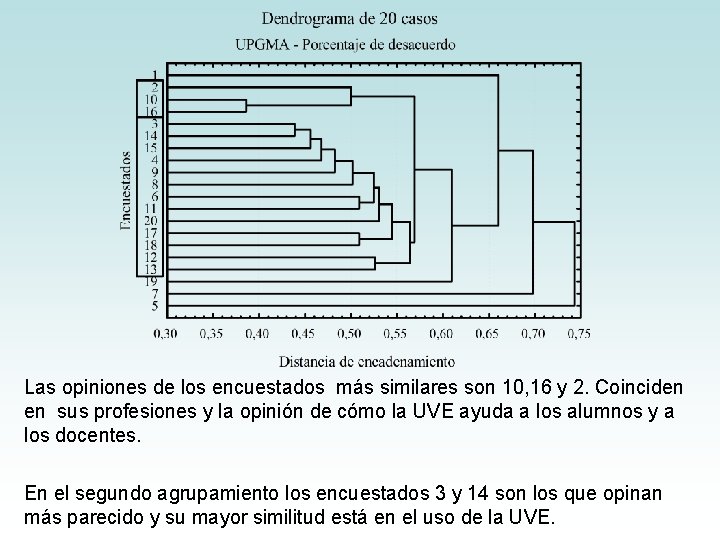 Las opiniones de los encuestados más similares son 10, 16 y 2. Coinciden en