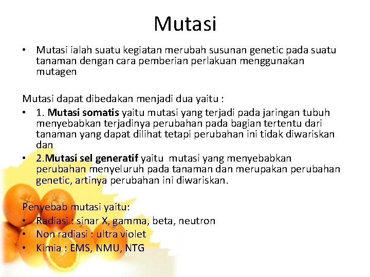 Mutasi • Mutasi ialah suatu kegiatan merubah susunan genetic pada suatu tanaman dengan cara