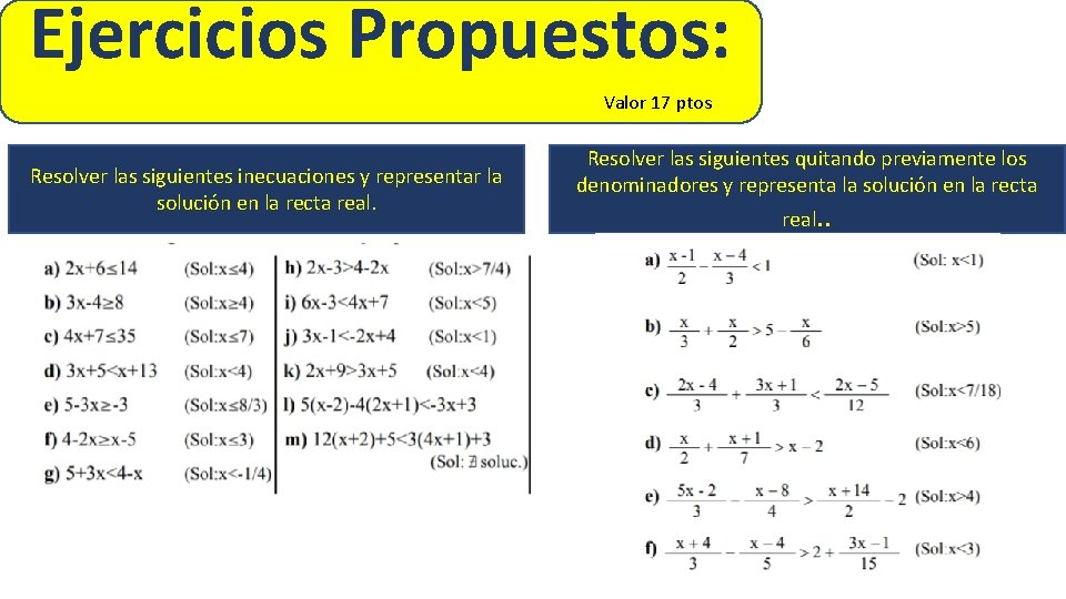 Ejercicios Propuestos: Valor 17 ptos Resolver las siguientes inecuaciones y representar la solución en