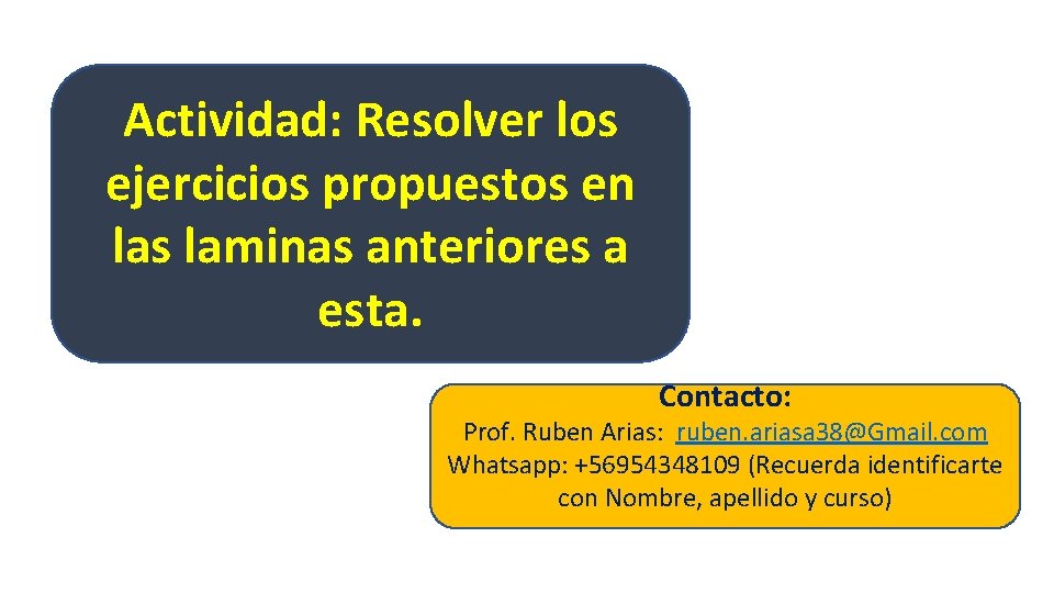 Actividad: Resolver los ejercicios propuestos en las laminas anteriores a esta. Contacto: Prof. Ruben