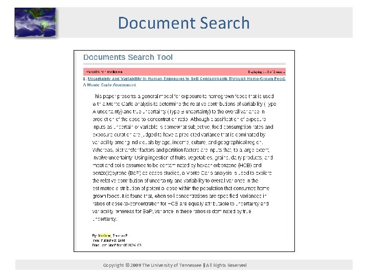 Document Search Copyright © 2009 The University of Tennessee All Rights Reserved 
