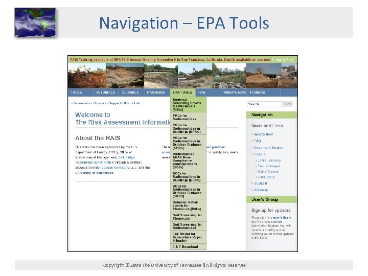 Navigation – EPA Tools Copyright © 2009 The University of Tennessee All Rights Reserved