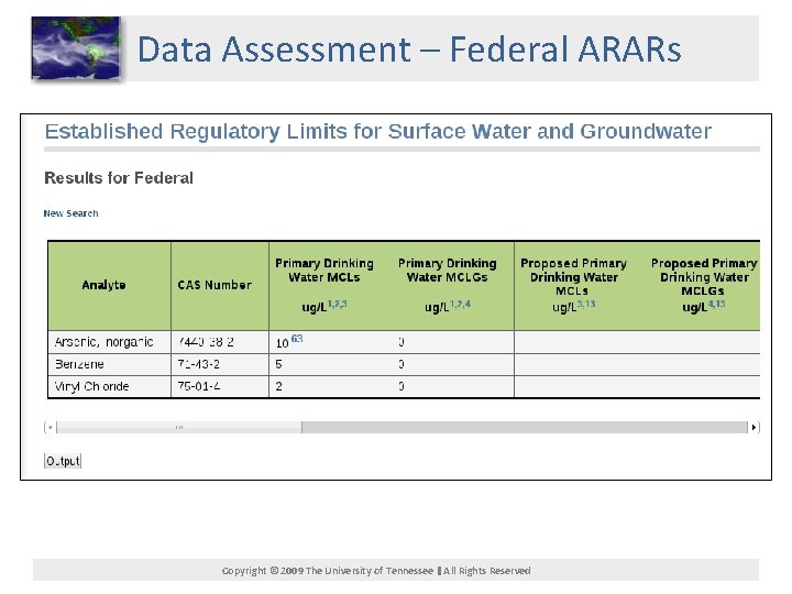 Data Assessment – Federal ARARs Copyright © 2009 The University of Tennessee All Rights